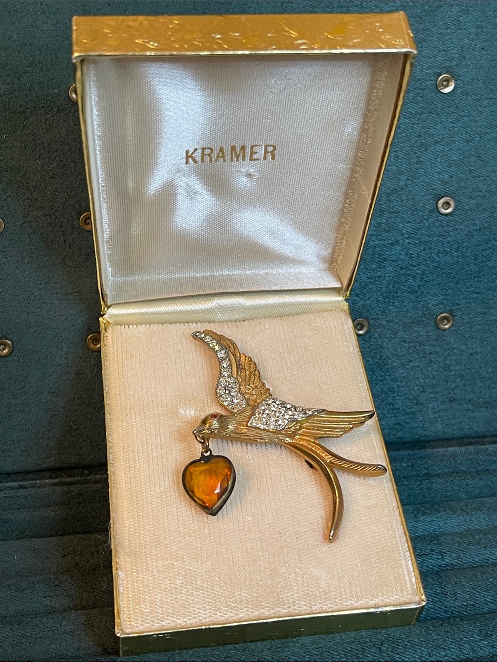 Vintage Kramer “Love Bird” Rhinestone Dangle Heart Brooch Original Box